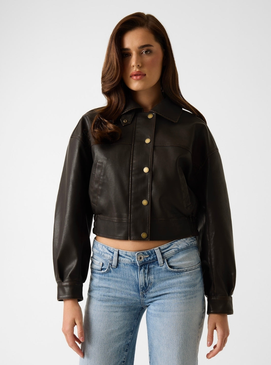 GUESS Womens Brown Clelia Faux-Leather Jacket W6GL40W2358 Front View