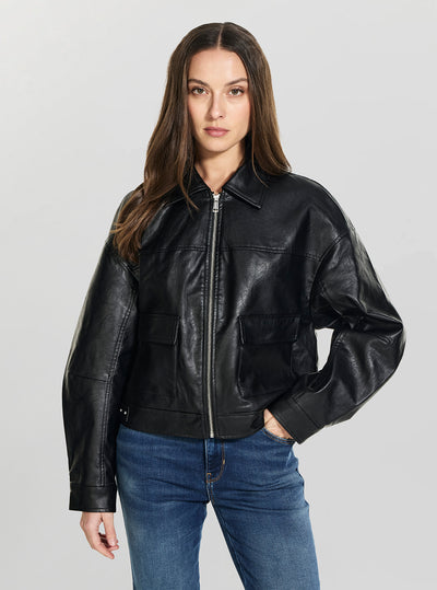 GUESS Womens Black Kayden Faux-Leather Jacket W6GL43K3562 Front View