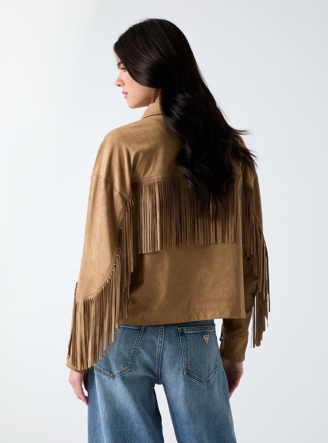 GUESS Womens Brown Ibby Fringe Faux-Suede Jacket W6GL45W2466 Back View2