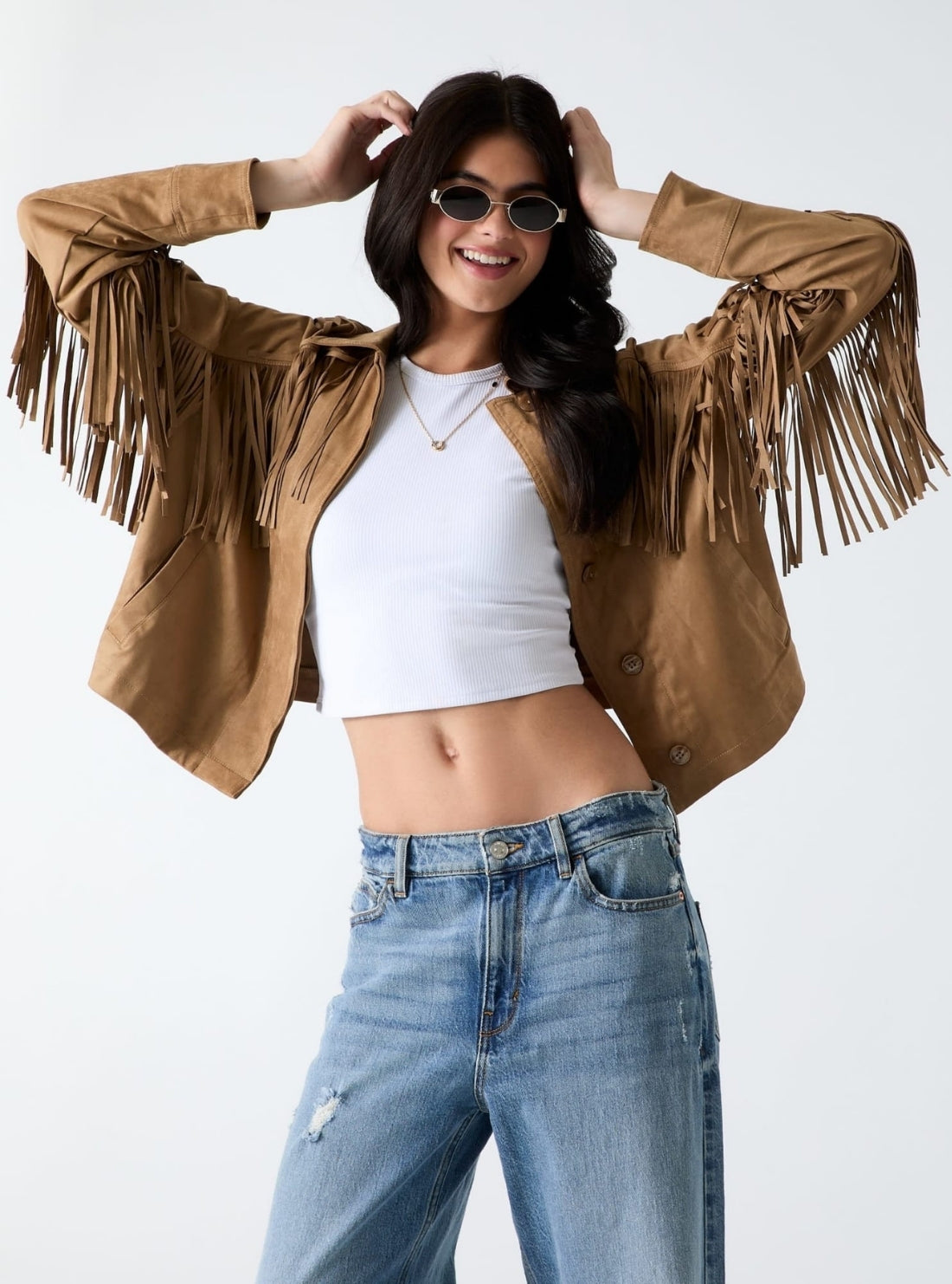 GUESS Womens Brown Ibby Fringe Faux-Suede Jacket W6GL45W2466 Full View2