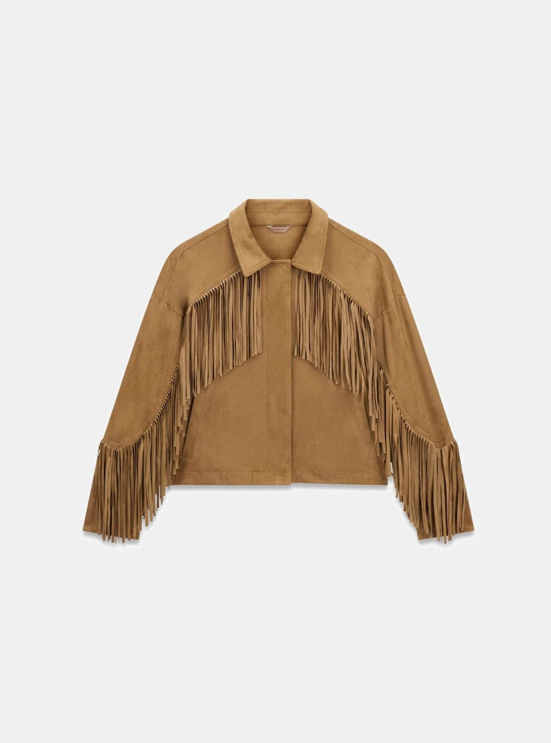GUESS Womens Brown Ibby Fringe Faux-Suede Jacket W6GL45W2466 Flatlay