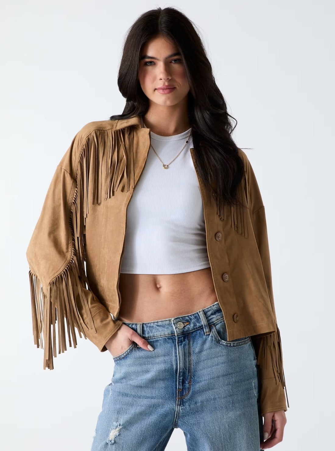 GUESS Womens Brown Ibby Fringe Faux-Suede Jacket W6GL45W2466 Front View2