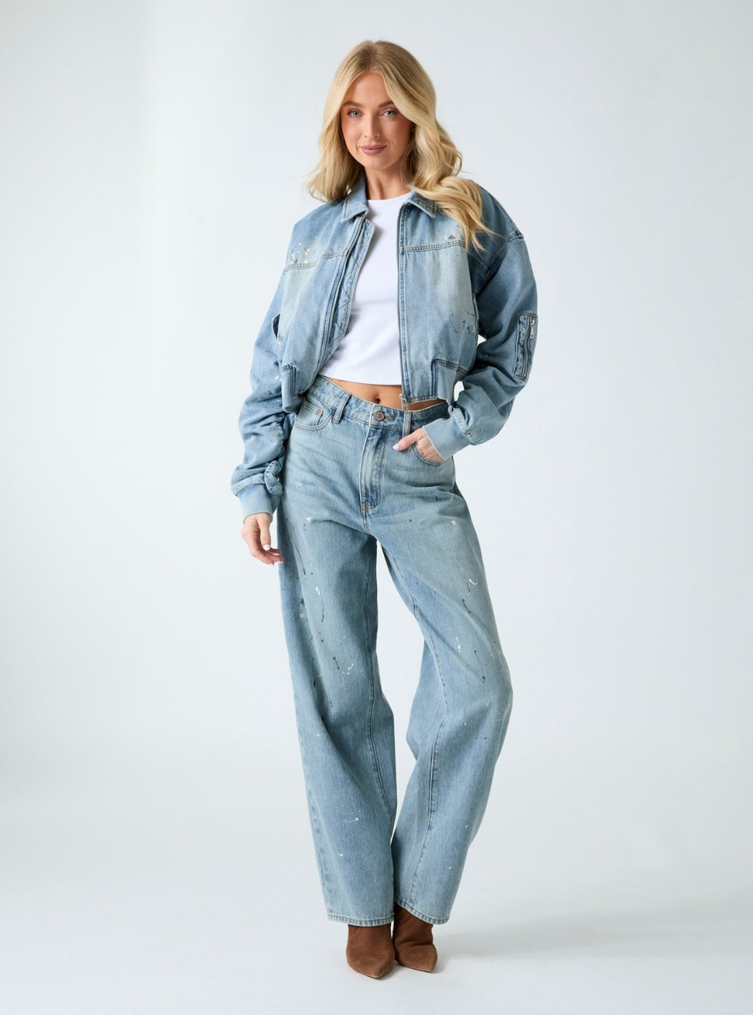 GUESS Womens Blue Anna Crop Denim Bomber Jacket W6GN13D0969 Full View