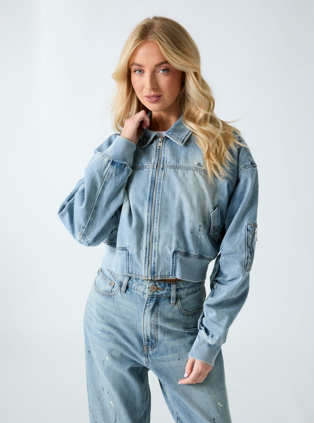 GUESS Womens Blue Anna Crop Denim Bomber Jacket W6GN13D0969 Front View