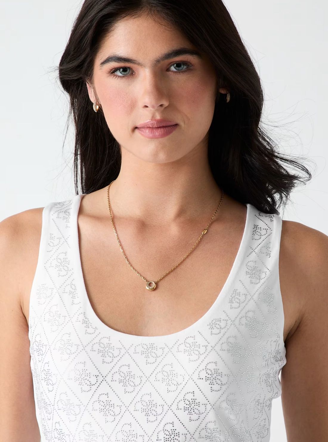 GUESS Womens White 4G Rhinestone Tank Top W6GP10K2932 Detail View