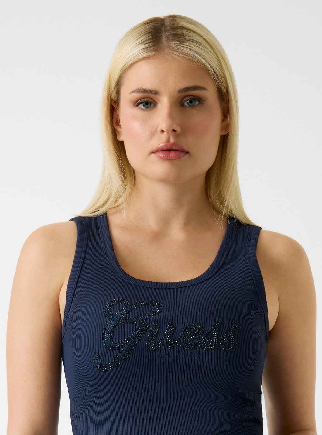 GUESS Womens Blackened Blue Logo Script Tank Top W6GP22K2954 Detail View
