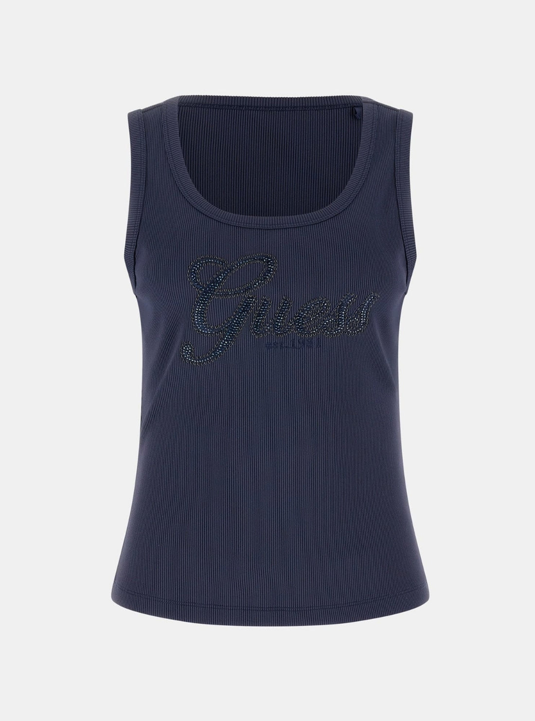 GUESS Womens Blackened Blue Logo Script Tank Top W6GP22K2954 Flatlay