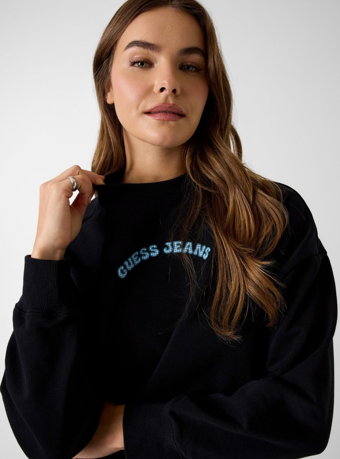 Guess Jeans Black Cropped Logo Sweatshirt W6GQB0K68I4 Detail View