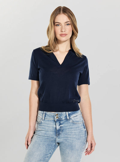 GUESS Womens Blackened Blue Stormi Rhinestone Polo Sweater W6GR03Z0583 Front View