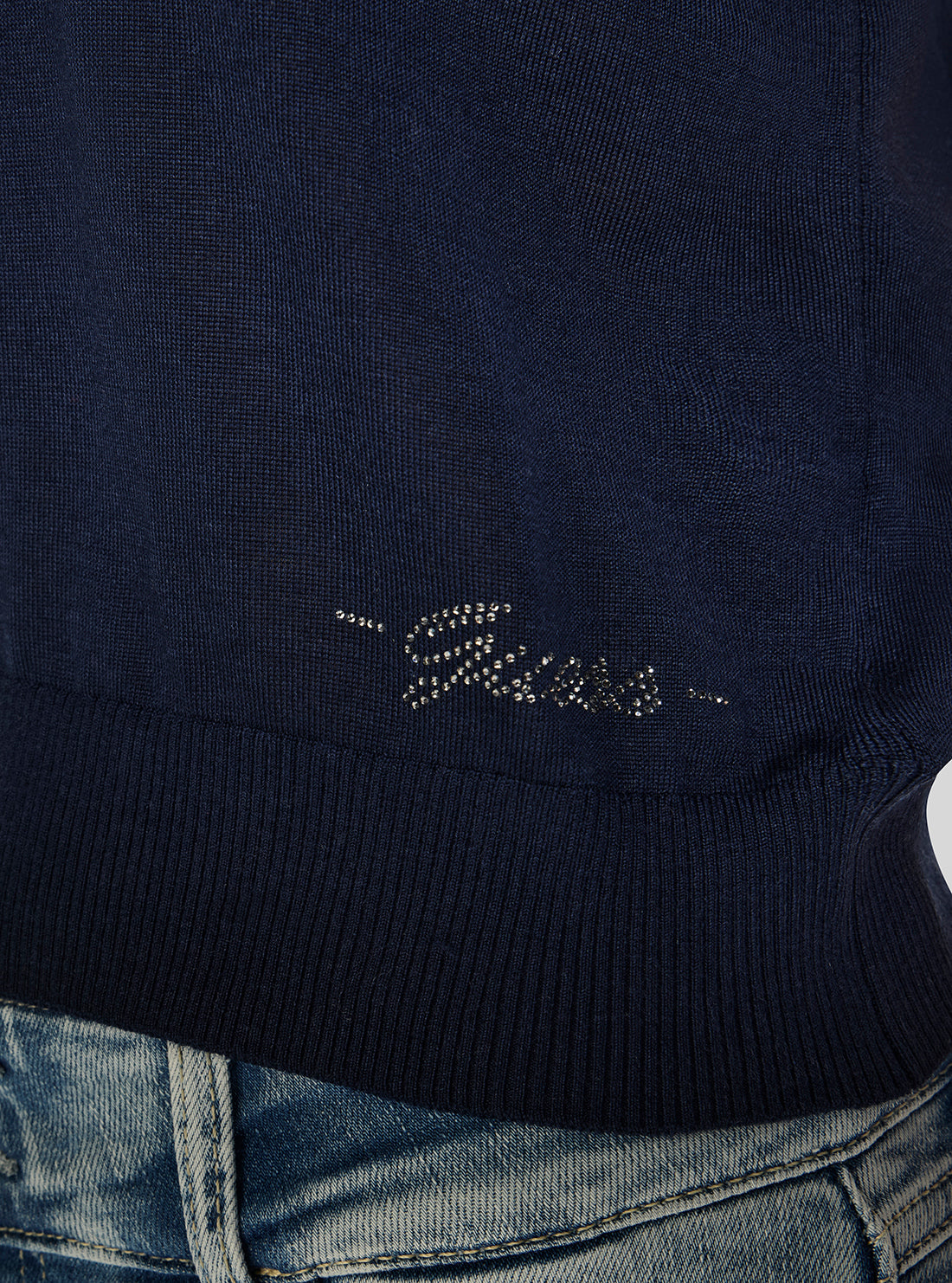 GUESS Womens Blackened Blue Stormi Rhinestone Polo Sweater W6GR03Z0583 Detail View2