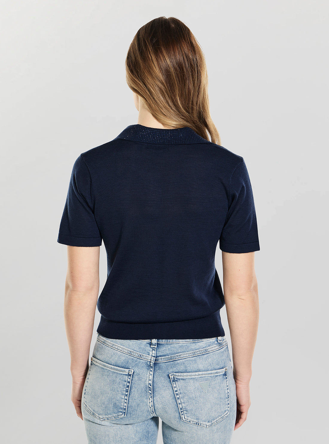 GUESS Womens Blackened Blue Stormi Rhinestone Polo Sweater W6GR03Z0583 Back View
