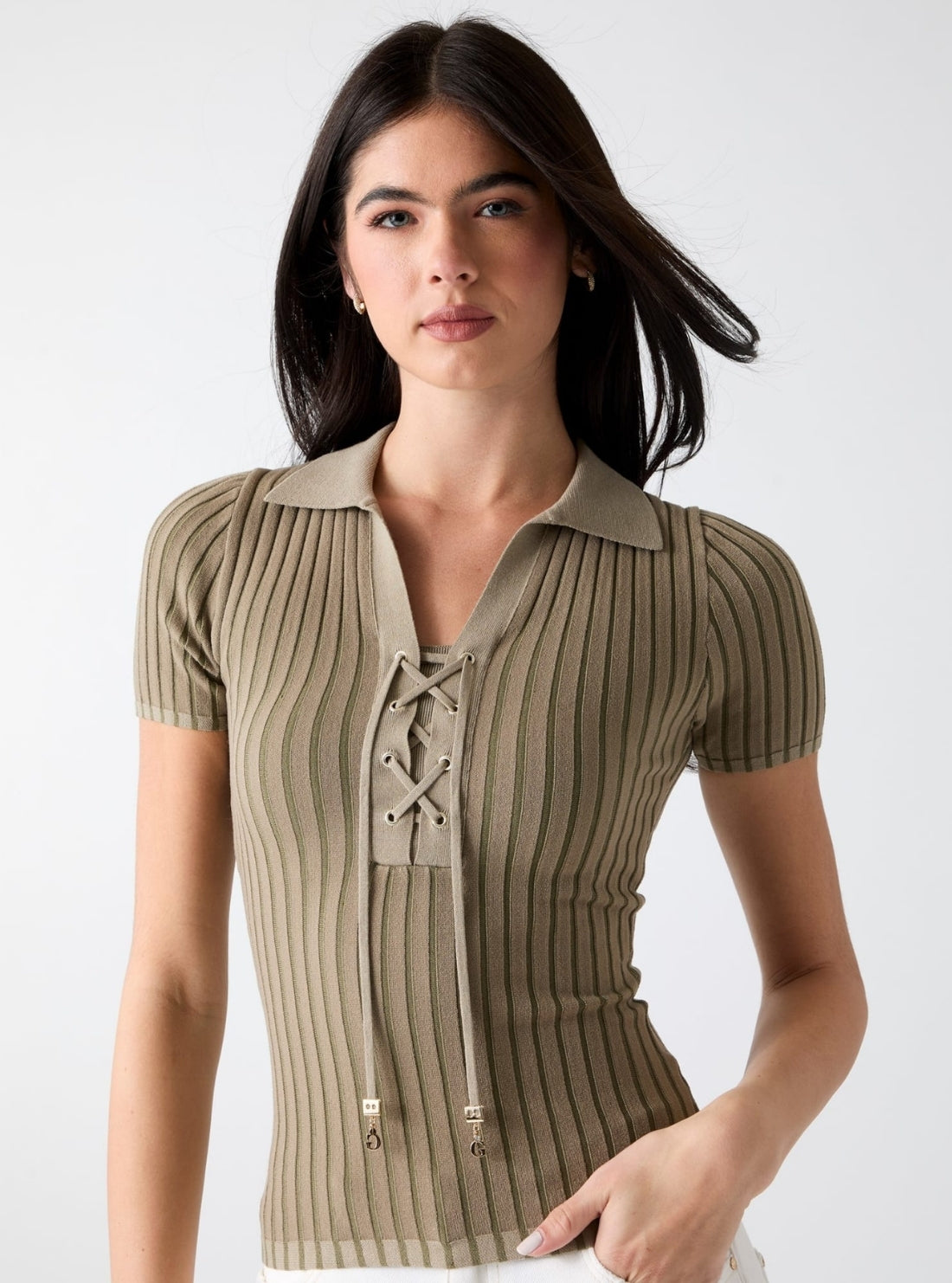 GUESS Womens Eco Sage Olive Green Stripes Regina Sweater W6GR09Z0590 Front View