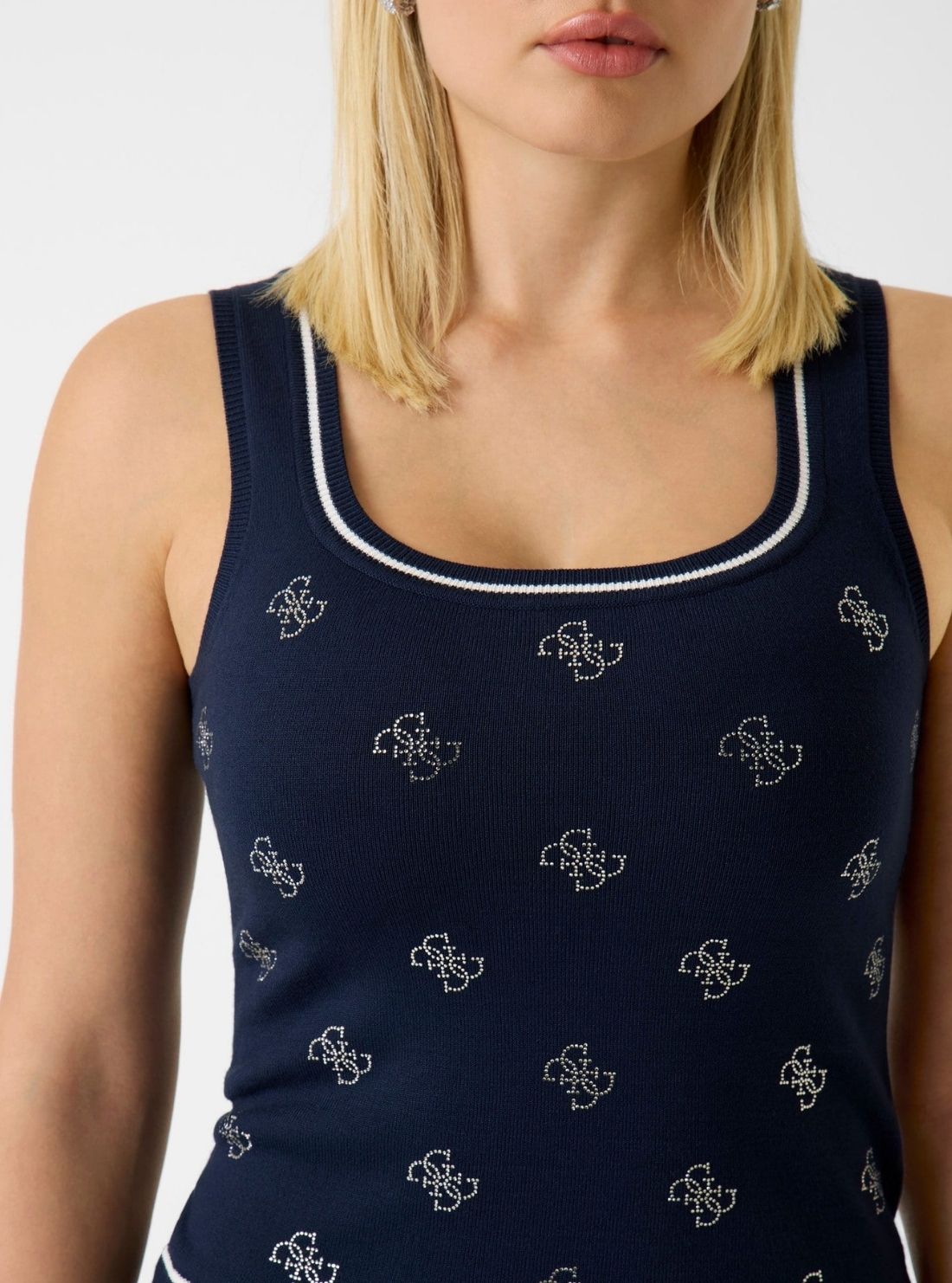 GUESS Womens Blackened Blue 4G Rhinestone Tank Top Sweater W6GR17Z0604 Detail View