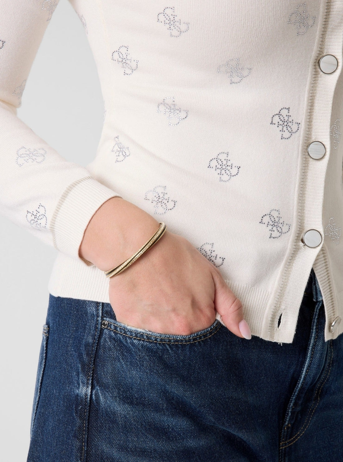 GUESS Womens White Logo 4G Rhinestone Cardigan W6GR18Z0605 Detail View