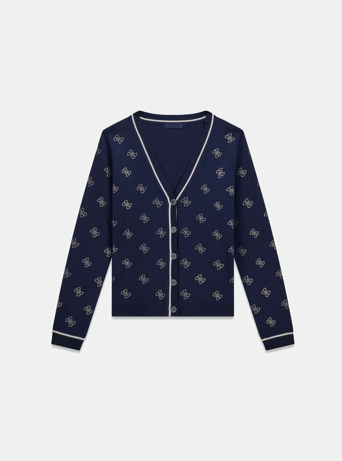 GUESS Womens Blackened Blue 4G Rhinestone Cardigan W6GR18Z0605 Flatlay