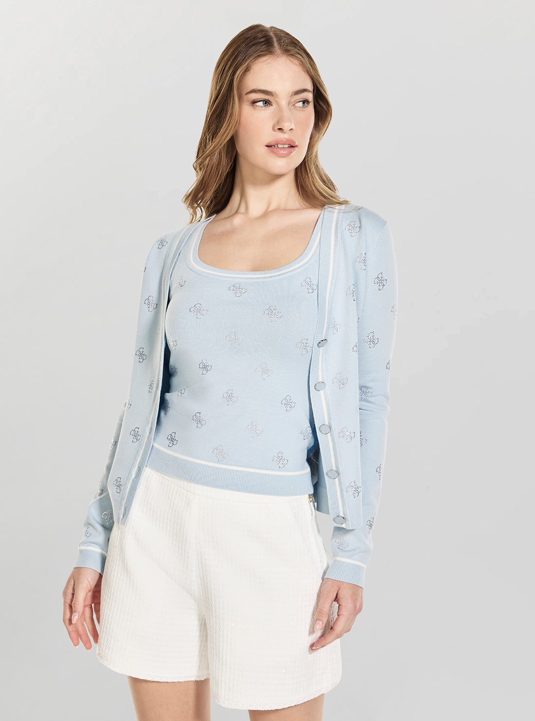 GUESS Womens Aerial Blue 4G Rhinestone Cardigan W6GR18Z0605 Front View