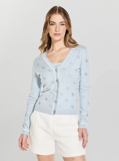 GUESS Womens Aerial Blue 4G Rhinestone Cardigan W6GR18Z0605 Front View
