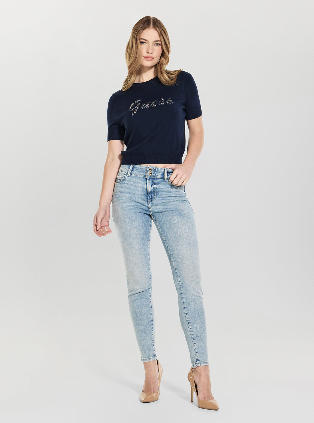 GUESS Womens Blackened Blue Margaret Logo Sweater W6GR20Z0609 Full View