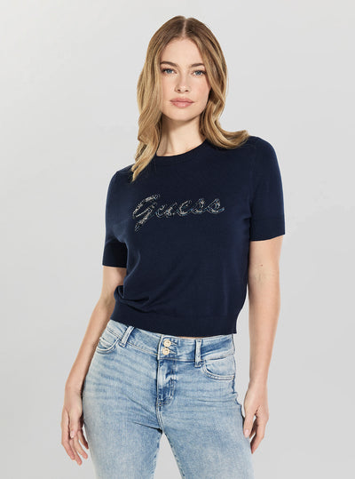 GUESS Womens Blackened Blue Margaret Logo Sweater W6GR20Z0609 Front View