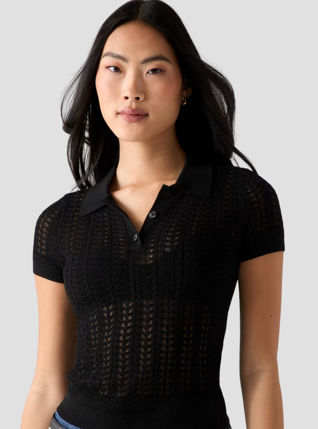 GUESS Womens Black Vienna Pointelle Sweater Polo Shirt W6GR25Z0672 Detail View