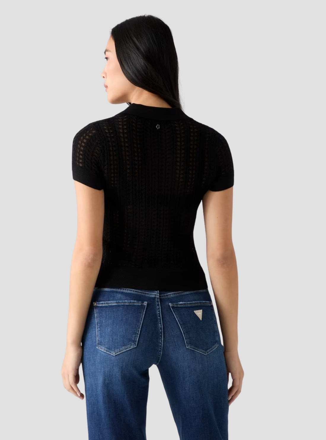 GUESS Womens Black Vienna Pointelle Sweater Polo Shirt W6GR25Z0672 Back View