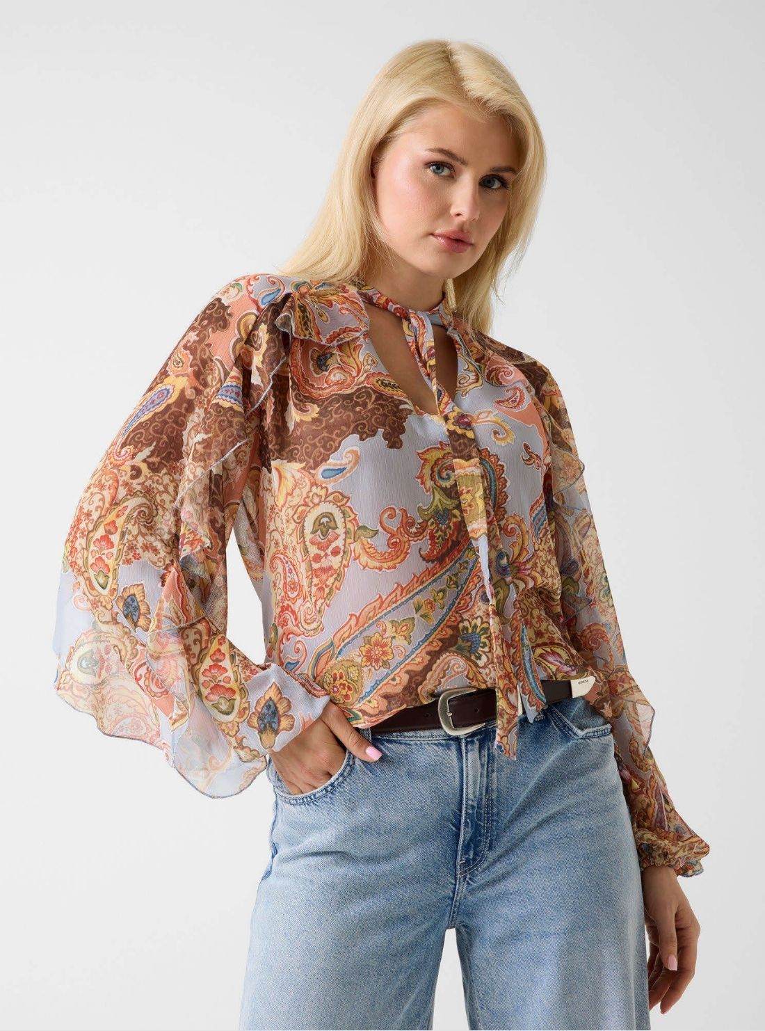 GUESS Womens Peach Paisley Print Ruffle Top W6PH0GWP691 Front View
