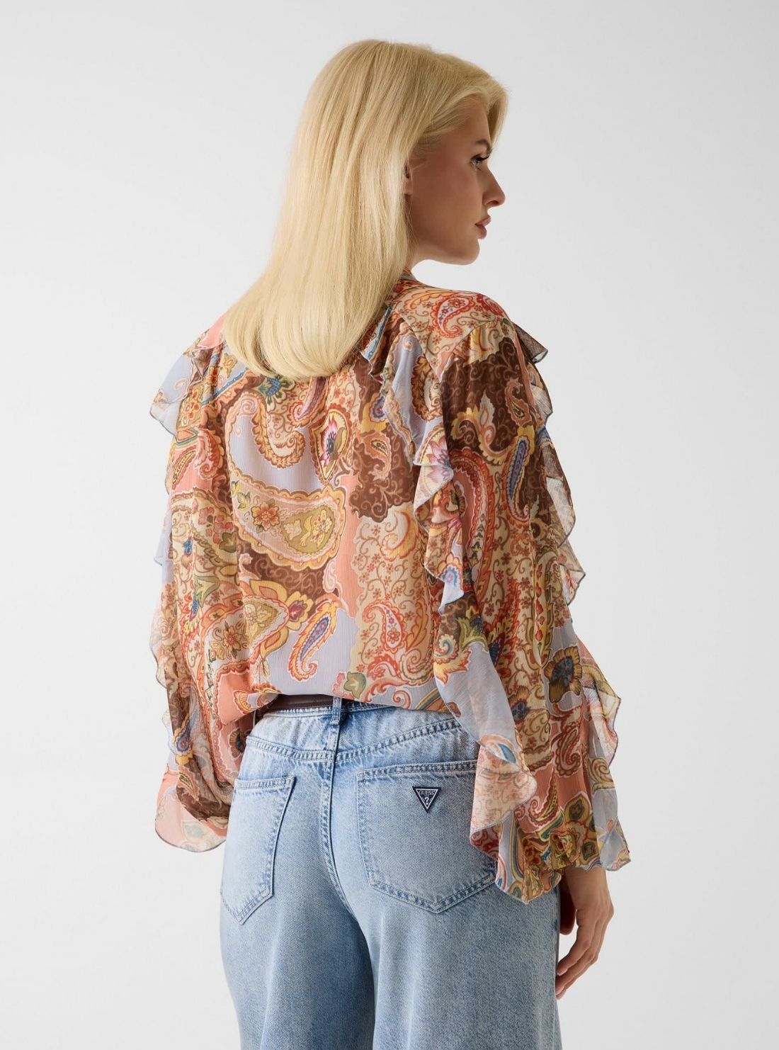 GUESS Womens Peach Paisley Print Ruffle Top W6PH0GWP691 Back View
