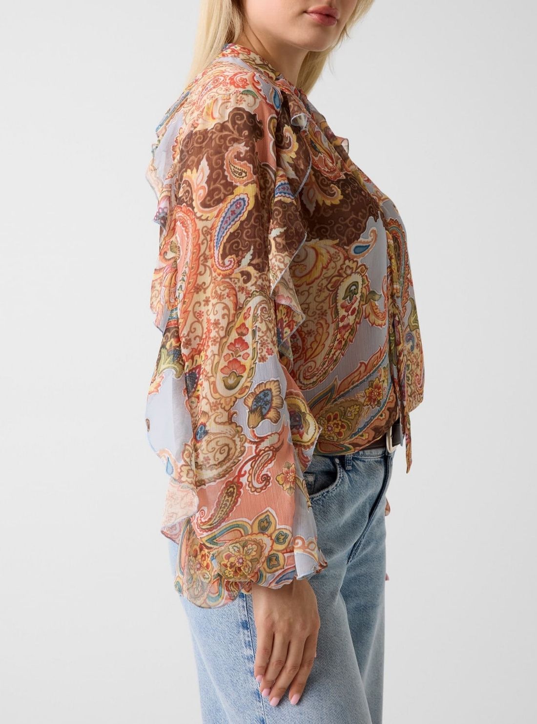 GUESS Womens Peach Paisley Print Ruffle Top W6PH0GWP691 Side View