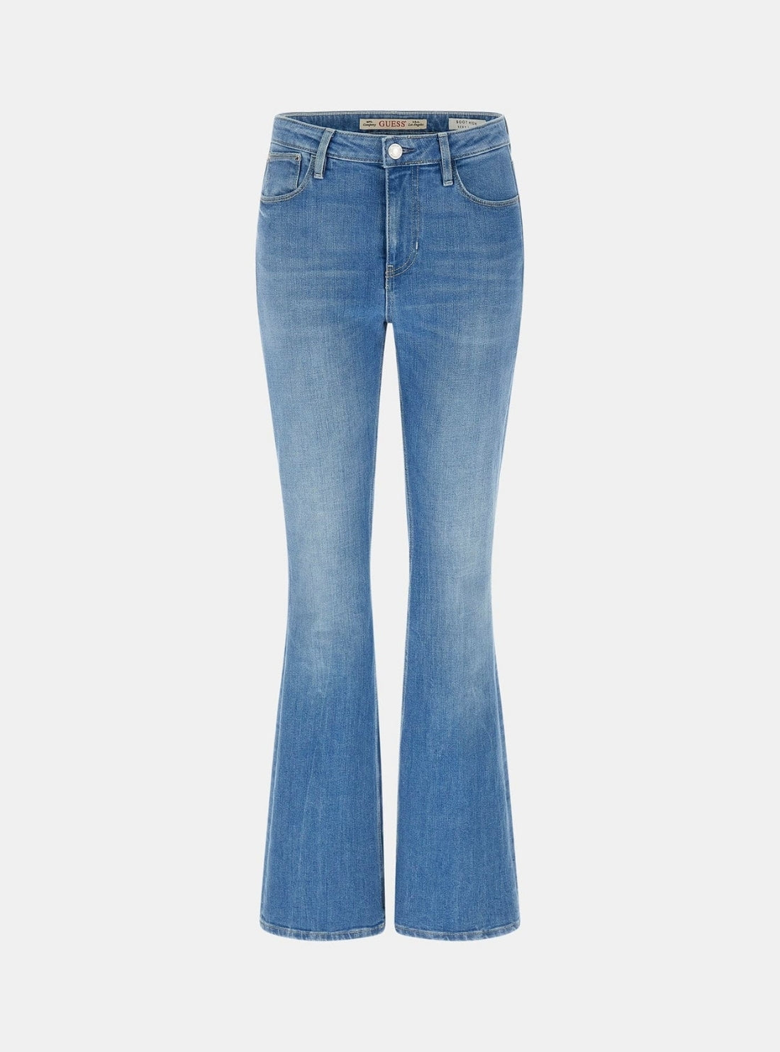 GUESS Womens High-Rise Sexy Flare Jeans in Medium Wash W6RA0LD6882 Flatlay