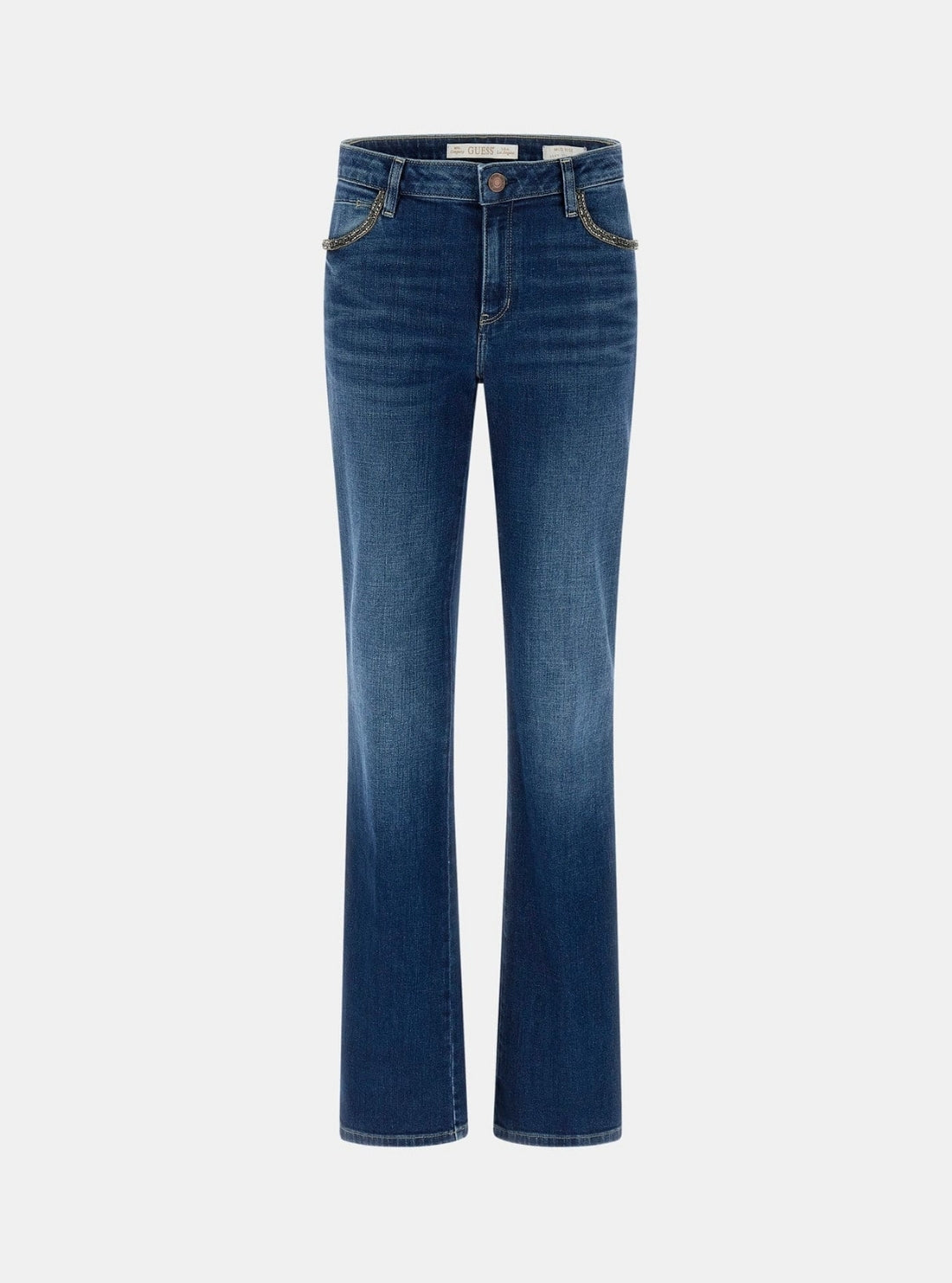GUESS Womens Mid-Rise Sexy Straight Jeans in Mid Indigo Wash W6RA15D6883 Flatlay