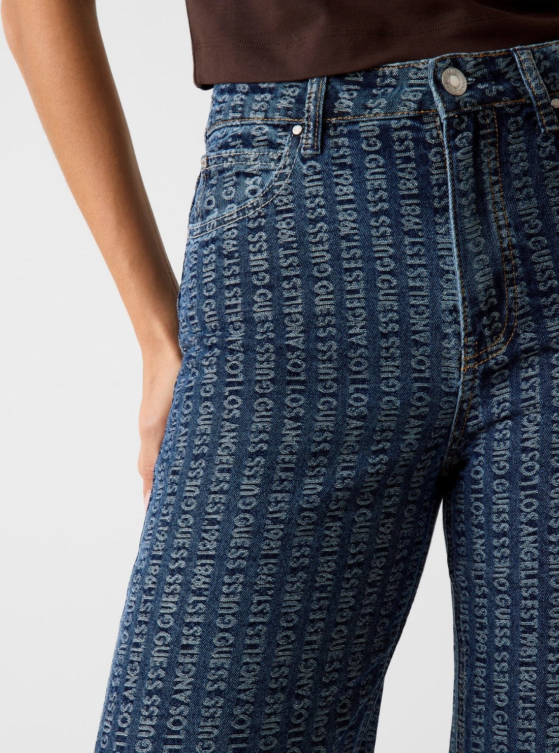 GUESS Womens High-Rise Blue Tokyo Monogram Wide Leg Jeans W6RA1AD6851 Detail View