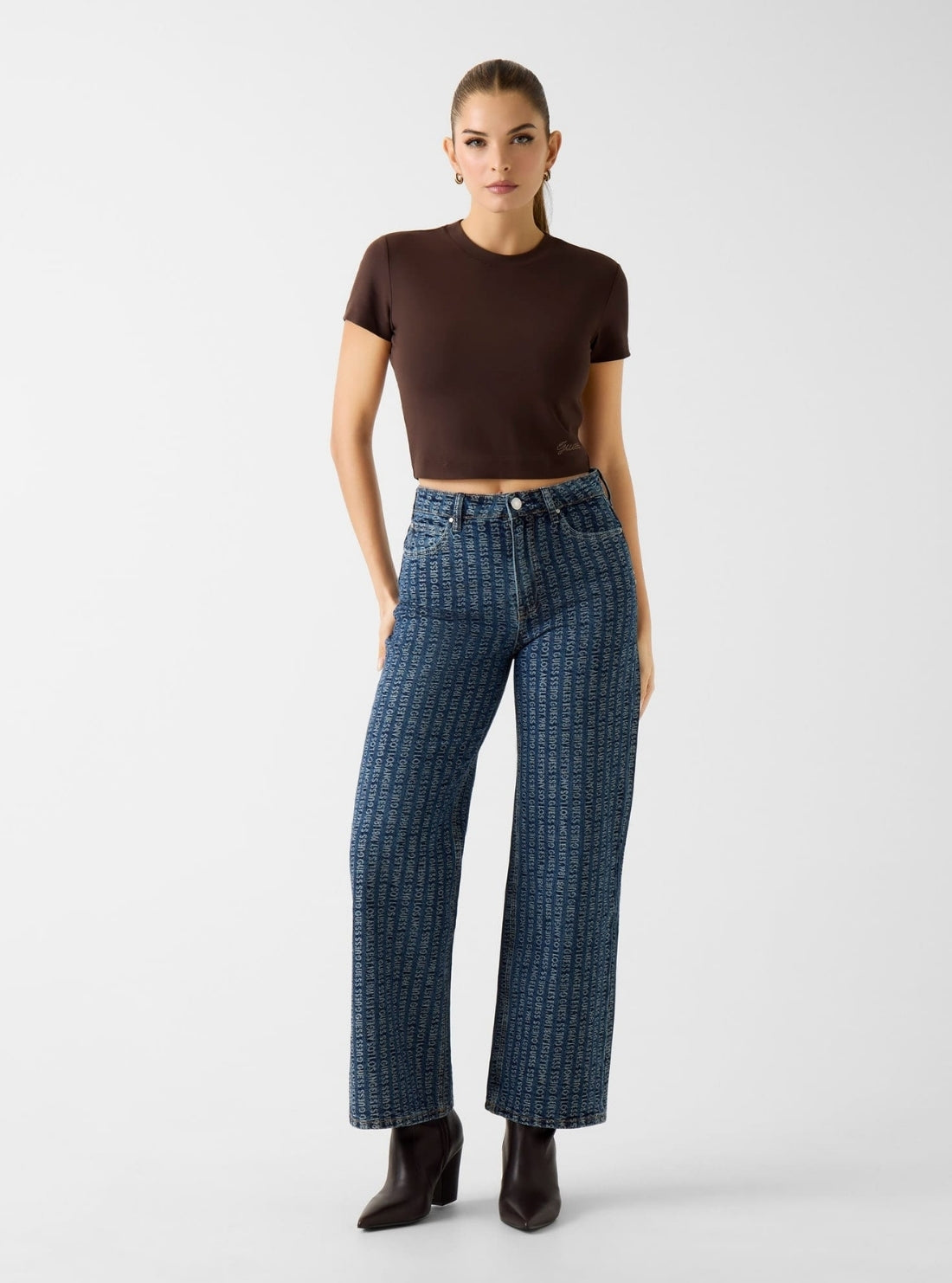 GUESS Womens High-Rise Blue Tokyo Monogram Wide Leg Jeans W6RA1AD6851 Full View