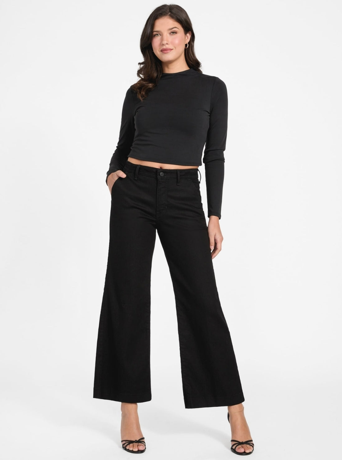 GUESS Womens Eco Black Zoya Wide Leg Jeans W6RA1LD58K0 Full View