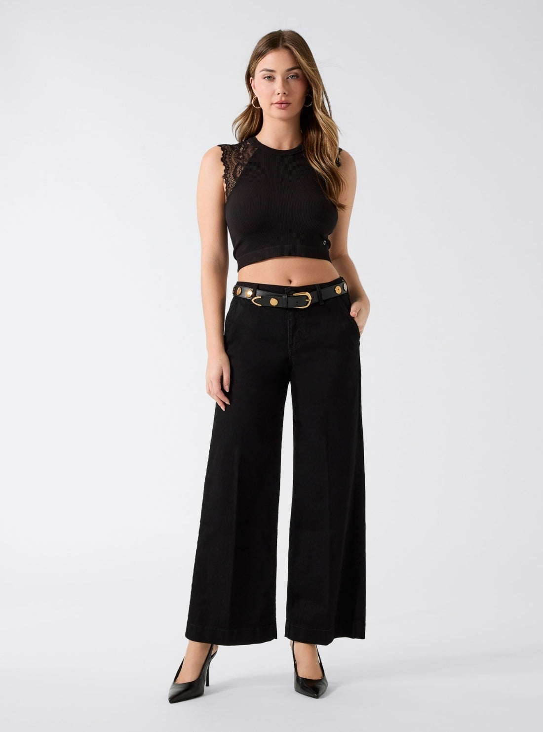 GUESS Womens Eco Black Zoya Wide Leg Jeans W6RA1LD58K0 Full View