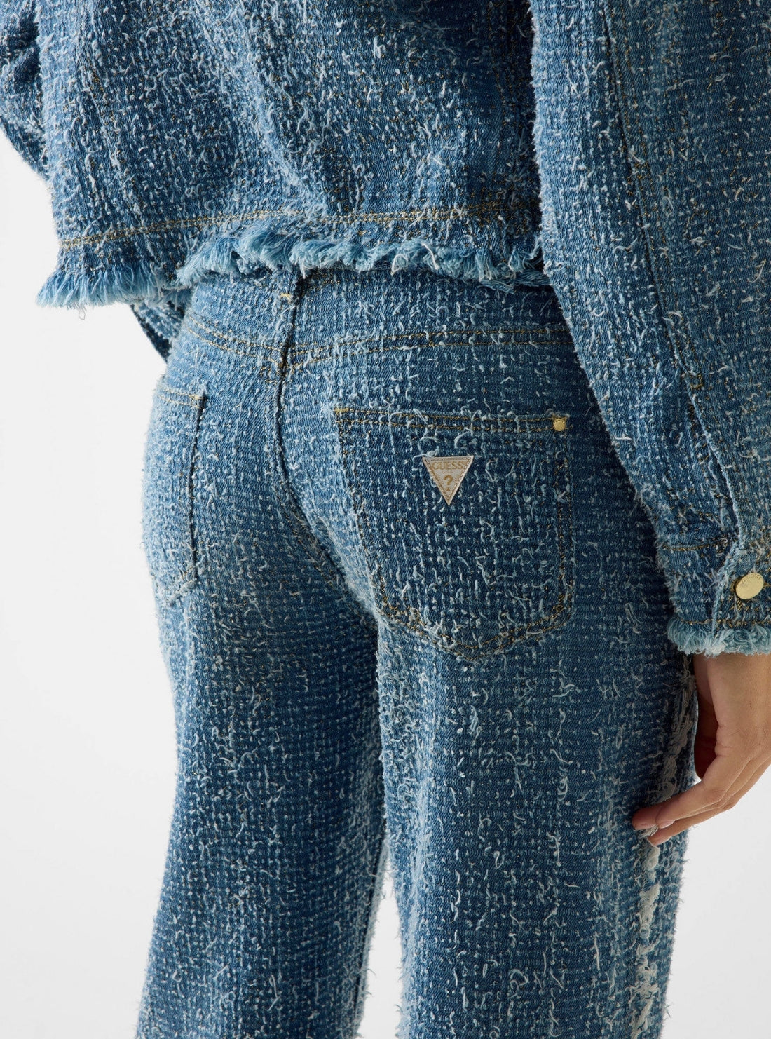 GUESS Womens High-Rise Tokyo Tweed Wide Leg Jeans in Medium Wash W6RA3ED6871 Detail View