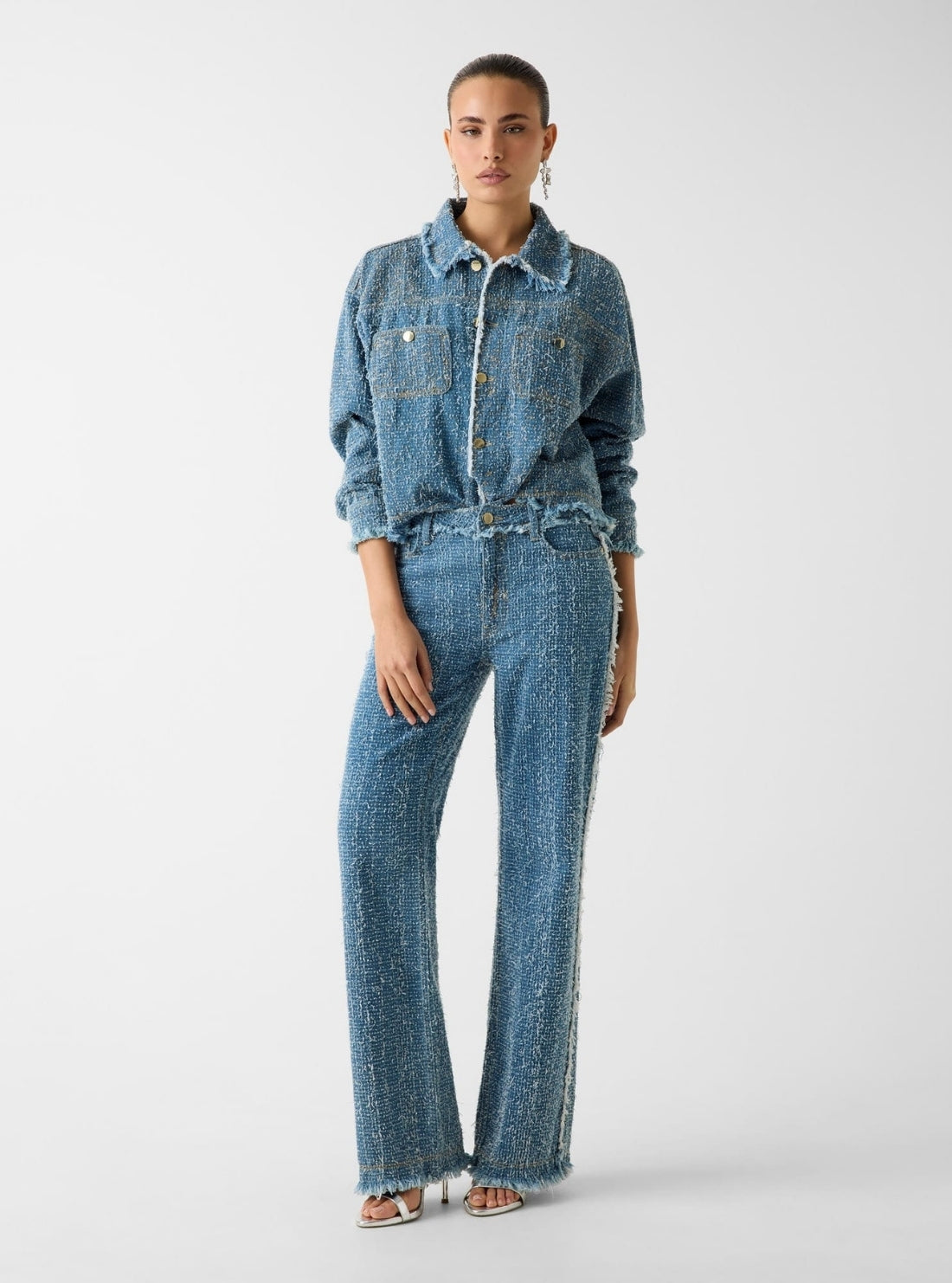 GUESS Womens High-Rise Tokyo Tweed Wide Leg Jeans in Medium Wash W6RA3ED6871 Full View