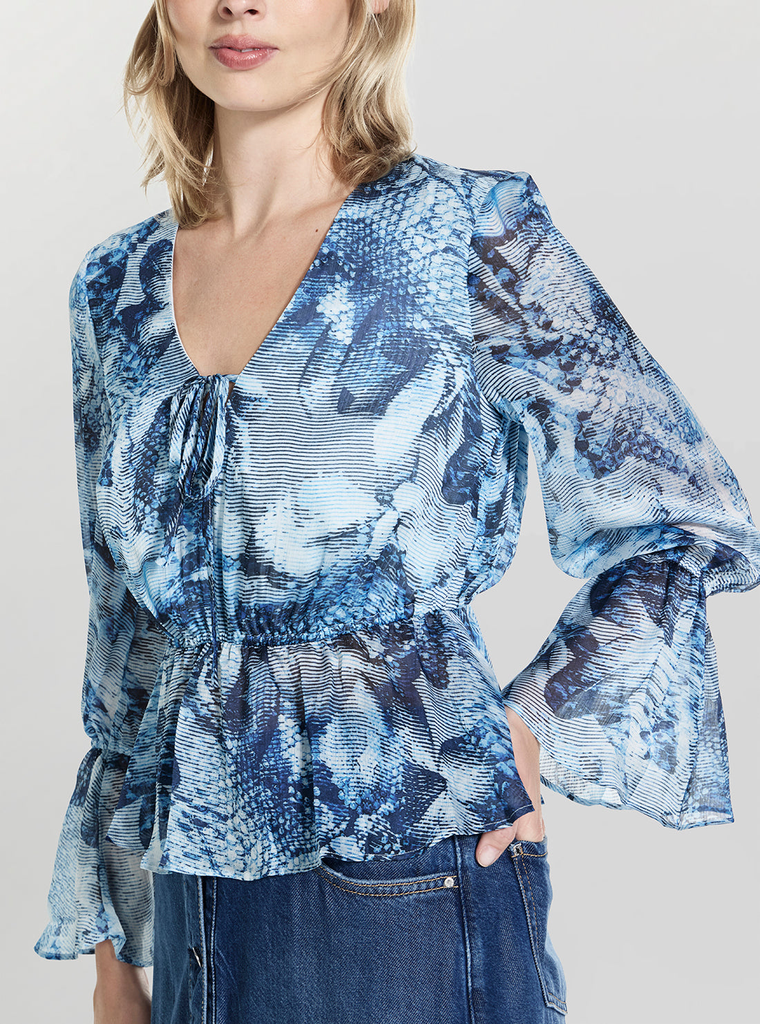 GUESS Womens Blue Lena Chiffon Top W6RH99WCWF2 Detail View