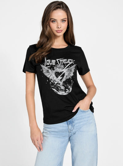 GUESS Womens Black Love Struck Easy T-Shirt W6RI10K9RM1 Front View