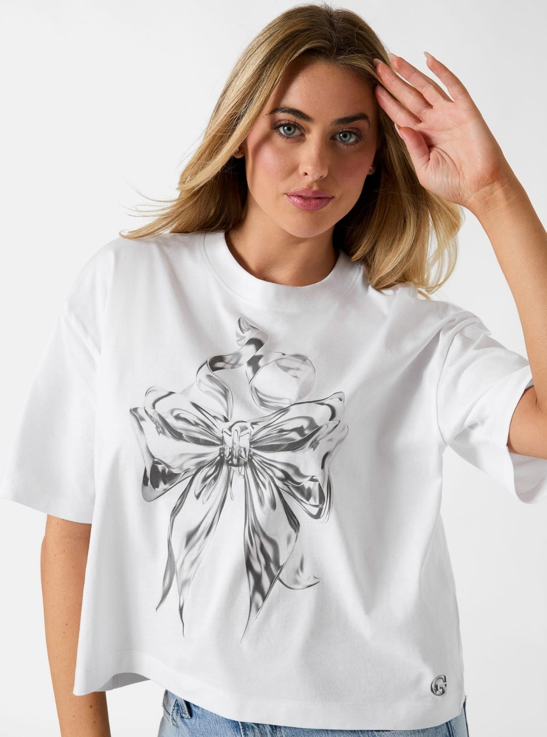 GUESS Womens White Chrome Bow New T-Shirt W6RI13K9RM1 Detail View