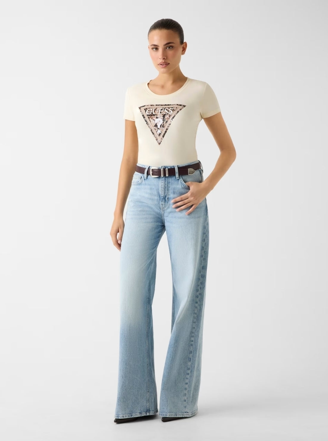 GUESS Womens Beige Leo Logo T-Shirt W6RI32J1314 Full View