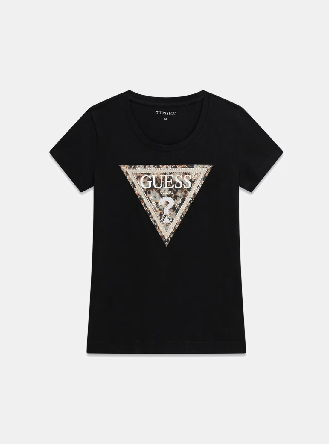 GUESS Womens Eco Black Leo Triangle T-Shirt W6RI32J1314 Flatlay