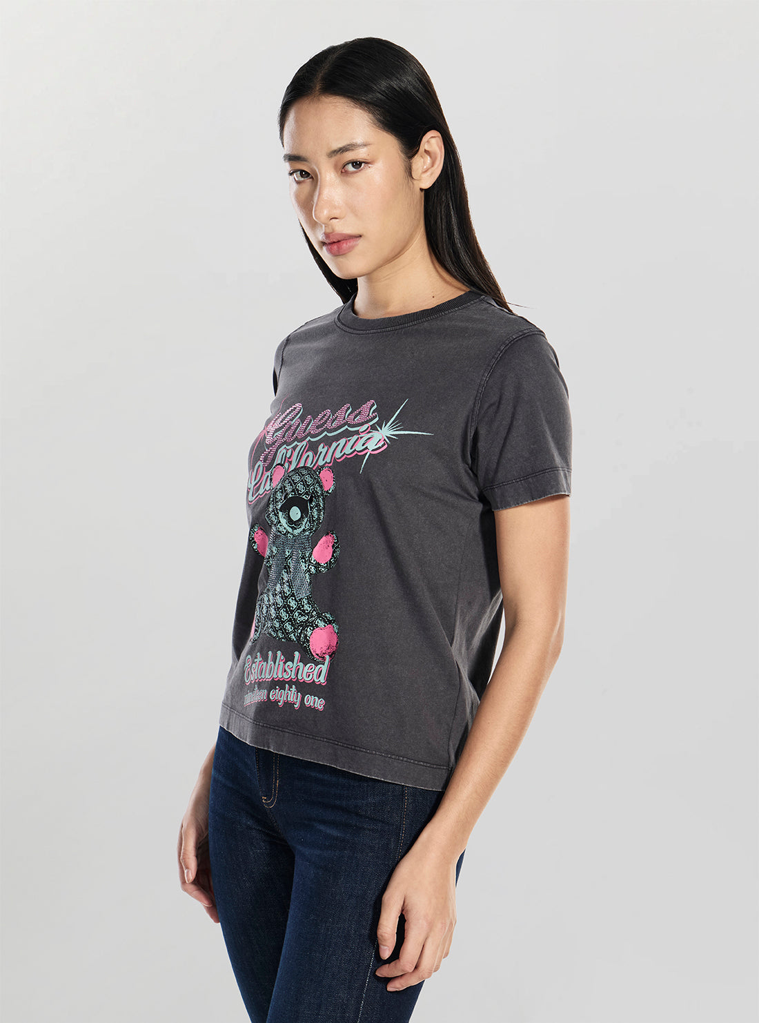 GUESS Womens Grey Guess Bear Graphic T-Shirt W6RI38I3Z14 Side View
