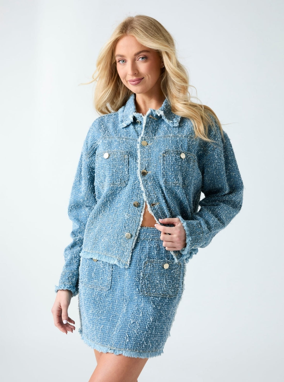 GUESS Womens Blue Amandina Tweed Jacket W6RN67D6871 Front View