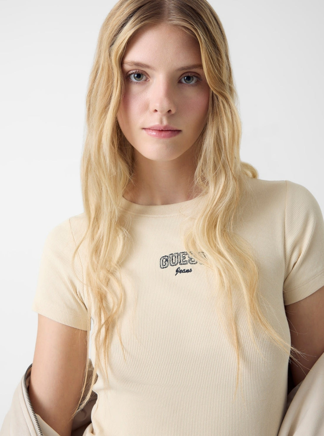 Guess Jeans Beige Embroidered Slim T-Shirt W6RP21KA0H1 Detail View