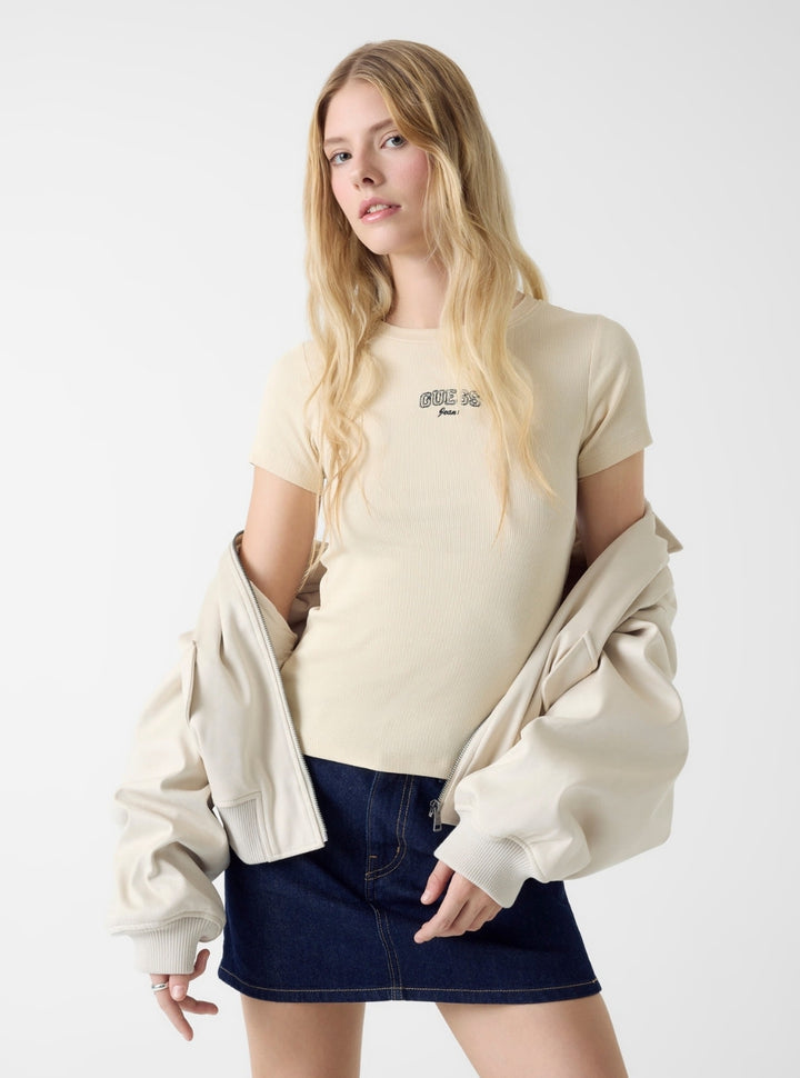 Guess Jeans Beige Embroidered Slim T-Shirt W6RP21KA0H1 Front View