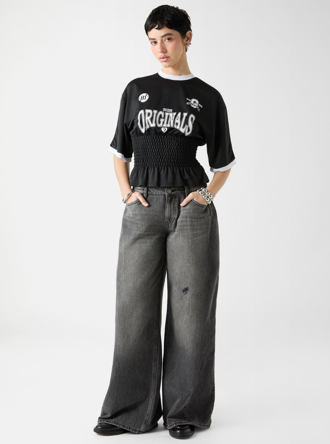 Guess Originals Black Shirred Printed Sports T-Shirt W6RP48K1302 Full View