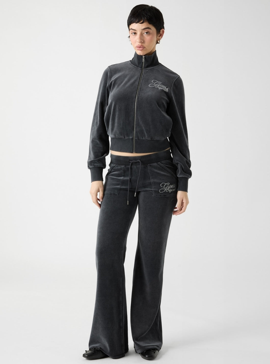 Guess Originals Eco Black Rhinestone Velour Jacket W6RQ26KCUF1 Full View