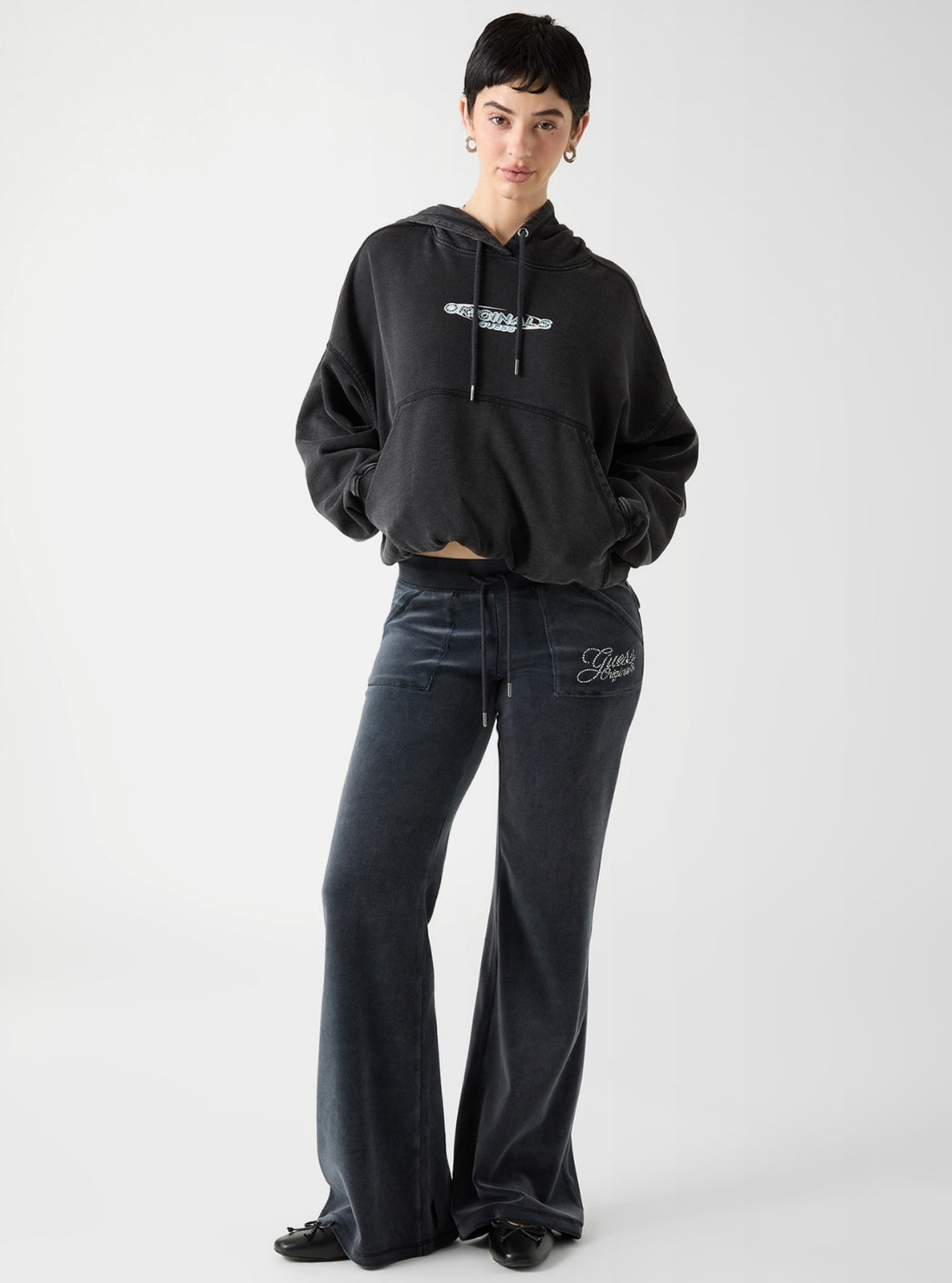 Guess Originals Black Bubble Hem Hoodie Sweatshirt W6RQ27K68I4 Full View