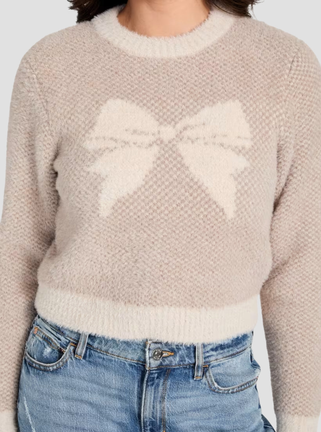 GUESS Womens Beige Bow Jacquard Sweater W6RR04Z3BJ0 Detail View