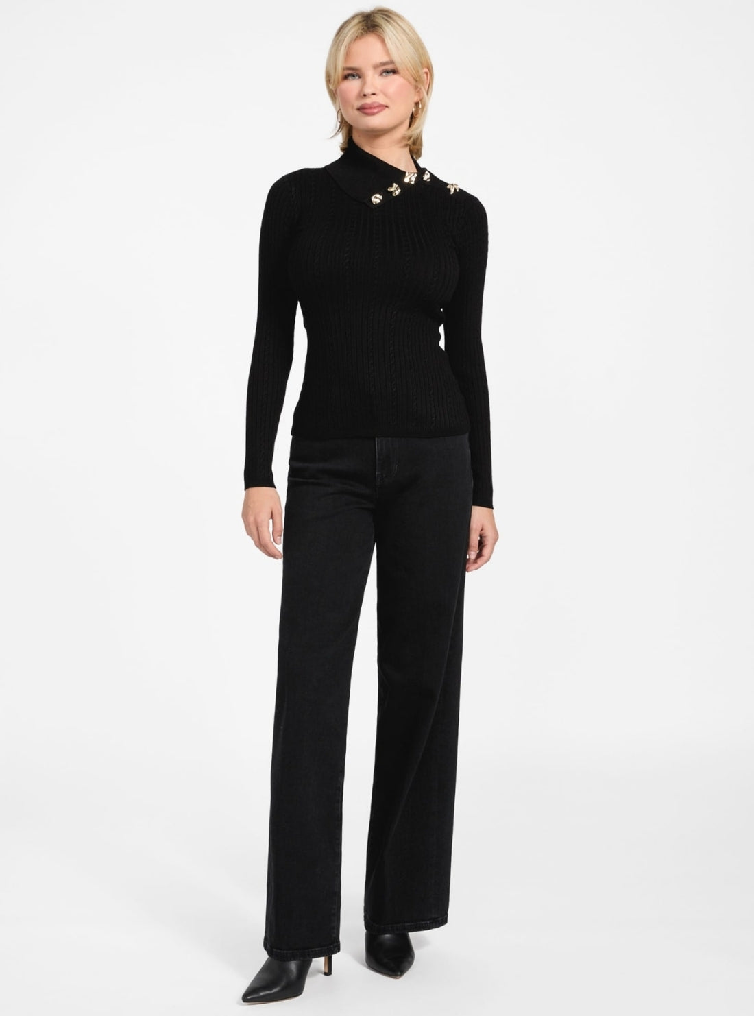 GUESS Womens Eco Black Priscilla Cable Rib Sweater W6RR07Z2YK2 Full View
